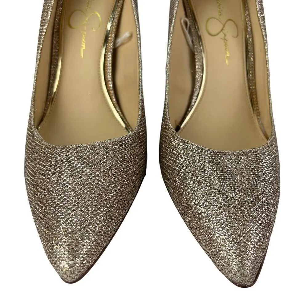 EUC Jessica Simpson Oravia 9 Shimmer Glitter Sparkle Gold Pump Heel Pointed Toe